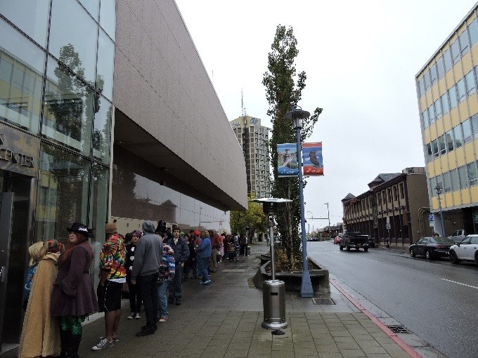 Attendees waiting outside the Egan Center